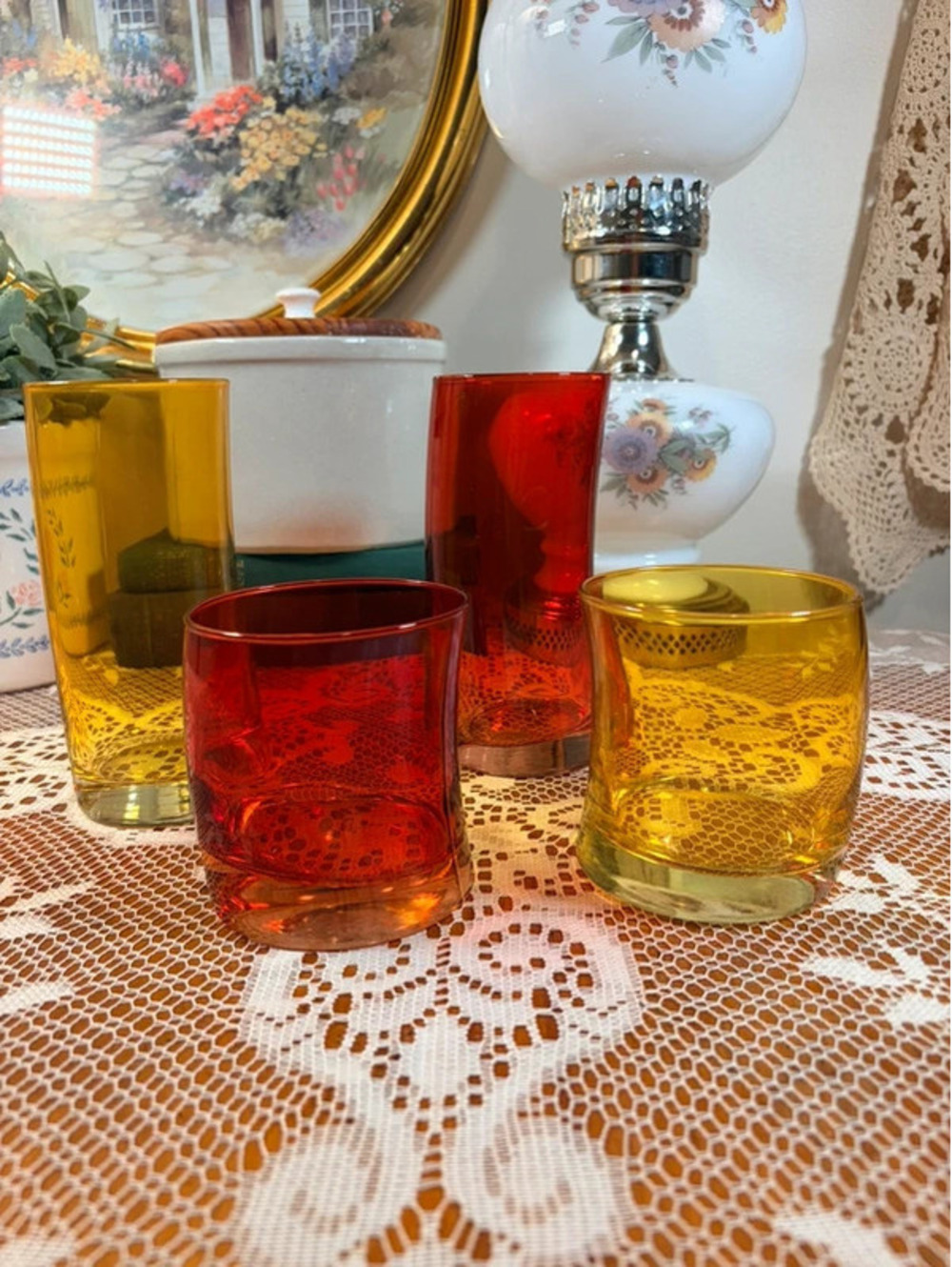 Vintage Mid Century Red & Amber Drinking Glasses Set of 4 Tumblers